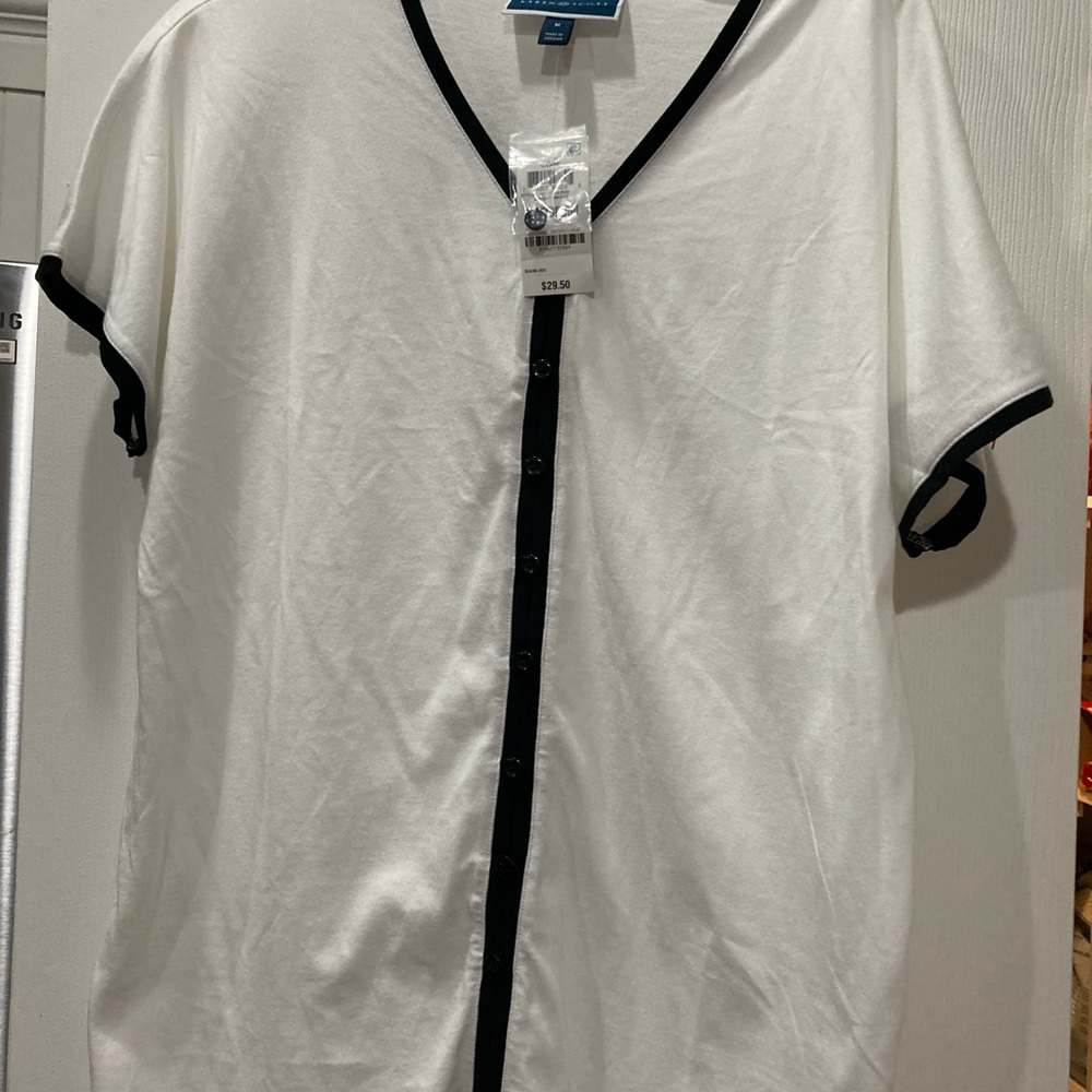 Karen Scott White Button Down Shirt with Black Trim